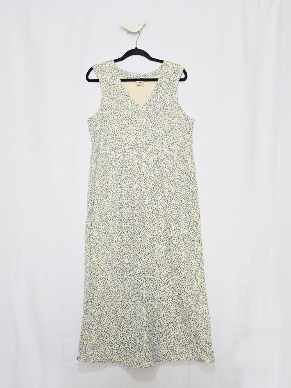 Vintage Varsity Sport Yellow Denim Maxi Dress - Blue Ditsy Flowers - 90s- Size L